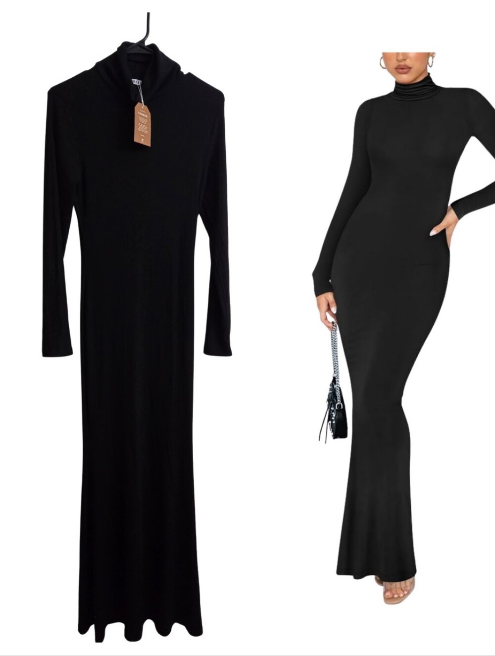 ReoRia Black Long Sleeve Turtleneck Maxi Dress